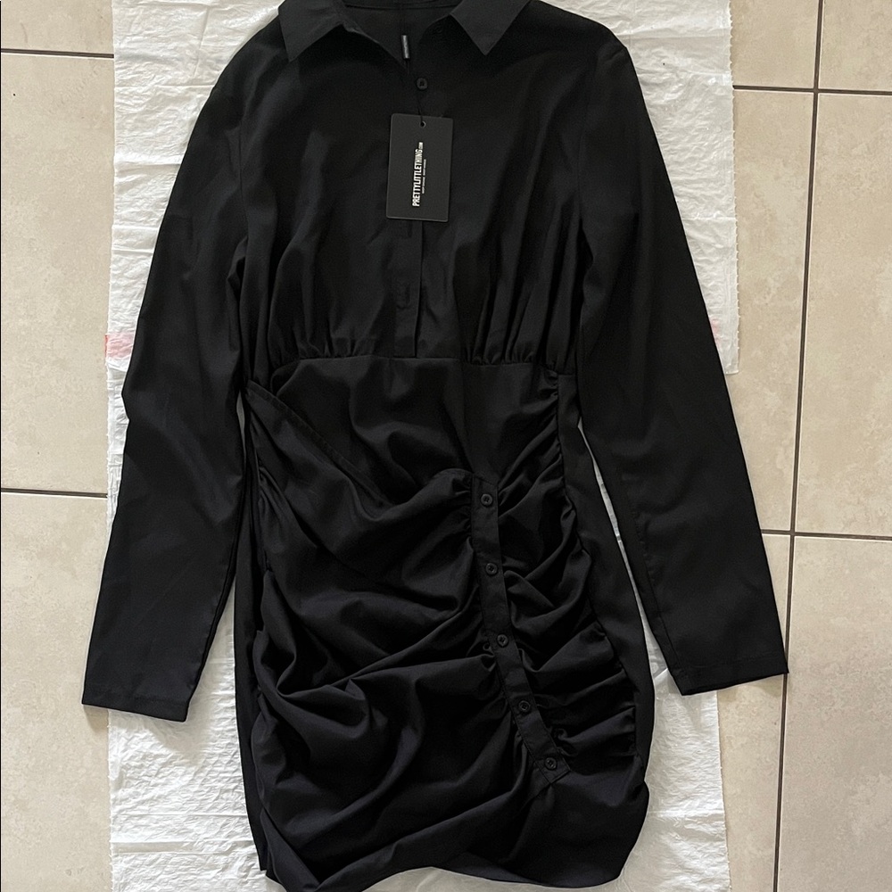 PrettyLittleThing Black Ruched Long Sleeve Dress